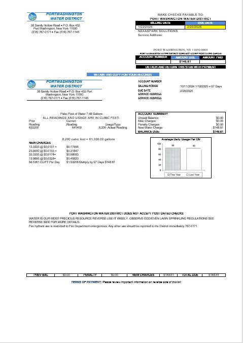 USA New York Port Washington Water District business utility bill template in Word and PDF formats